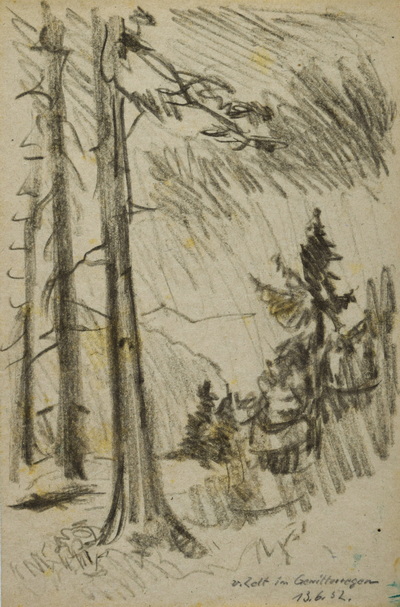 Konrad Sommer: Gewitterregen, 13.6.1952, Bleistift auf Papier, 25,9 x 17,1 cm, bez. u.r.: v. Zelt im Gewitterregen 13.6.52