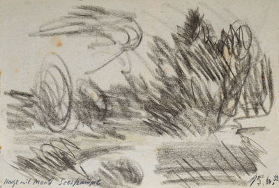 Konrad Sommer:  Nacht mit Mond Seeshaupt, 15.6.1952, Bleistift Kohle auf Papier, 13,5 x 19,8 cm, bez.u.l.: Nacht mit Mond Seeshaupt, u.r.: 15.6.52