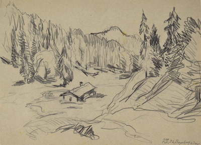Konrad Sommer:  Bayrbachalm, 7.7.1952, Bleistift auf Papier; bez. u.r.: 7.7.1952. Bayrbachalm  
