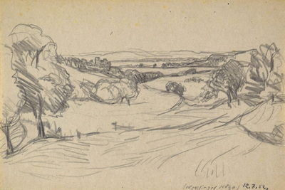 Konrad Sommer: Wesslinger Höhe, 12.7.1952, Bleistift auf Papier, 17,0 x 25,4 cm, bez. u.r.: Wesslinger Höhe 12.7.1952