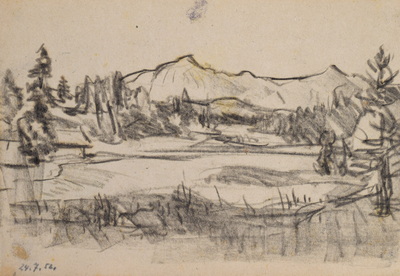 Konrad Sommer:  Herzogstand und Heimgarten, 24.7.1952, Kohle, Bleistift auf Papier, 17,0 x 27,6 cm, bez.u.l.: 24.7.52.