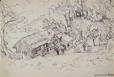 Konrad Sommer: Mausbichl, 18.8.1952, Tusche, Feder auf Papier, 20,0 x 28,8 cm, bez. u.r.: Mausbichl 18.8.52.