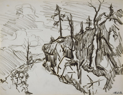 Konrad Sommer: Gebirgsweg, 19.8.1952, Kohle, Bleistift auf Papier, 21,2 x 27,3 cm, bez.u.r.: 19.8.52.