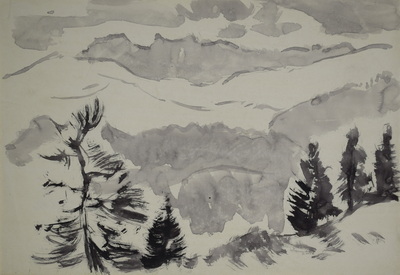 Konrad Sommer, Bäume an einer Bergkante, um 1952, Tusche auf Papier, 20,3 x 28,3 cm, Sammlung Michael Gorkow 