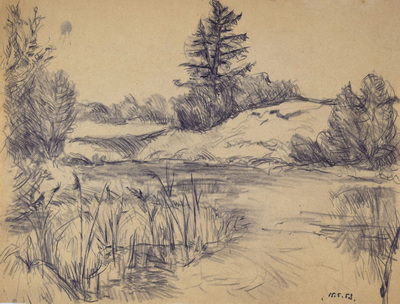 Konrad Sommer: Weiher mit Hügeln, 15.5.1953, Bleistift auf Papier, 20,0 x 26,0 cm, bez. u.r.:  15.5.53.