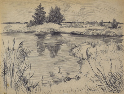 Konrad Sommer: Weiher in einer Mooslandschaft, 15.5.1953, Kohle, Bleistift auf Papier, 20,3 x 26,0 cm, bez.u.r.: 15.5.53.