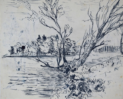 Konrad Sommer: Baum an einem Fluss, um 1953, Kohle, Tusche, Feder  auf Papier, 20,5 x 24,5 cm