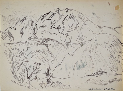 Konrad Sommer:  Watzmann, 20.8.1954, Tusche, Feder auf Papier, 21,1 x 28,3 cm, bez.u.r.:Watzmann 20.8.54.