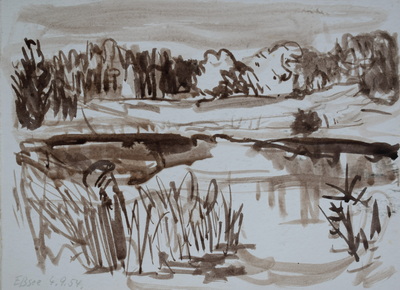 Konrad Sommer, Eßsee, 4.9.1954, Tusche, Rohrfeder auf Papier, 15,5 x 21,2 cm, bez. ul.: Eßsee 4.9.54., Sammlung Michael Gorkow 
