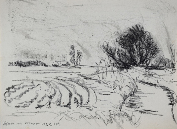 Konrad Sommer, Schnee im Moor, 13.2.1955, Kohle Bleistift auf Papier, 19,0 x 25,6 cm, bez. u.l.: Schnee im Moor, 13.2.55.