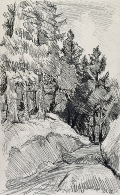 Konrad Sommer: Weg durch einen Hang, 3.9.1955, Bleistift auf Papier, 33,0 x 20,2 cm, bez.u.r.: 3.9.55.