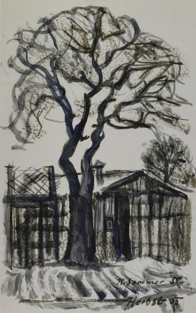 Konrad Sommer:  Baum vor einem Zaun, Herbst 1955, Tusche, Kohle auf Papier, 33,0 x 20,2 cm, bez.u.r.: K. Sommer Herbst 55.