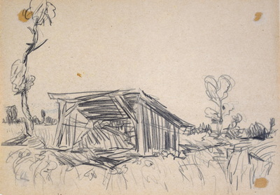Konrad Sommer, Dachauer Mooshütte, um 1955, Bleistift auf Papier, 14,5 x 20,5 cm,  Sammlung Michael Gorkow 