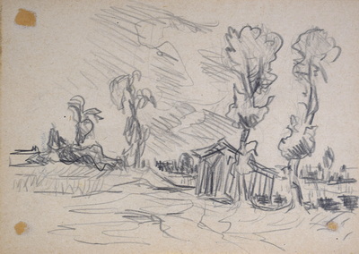 Konrad Sommer, Dachauer Moos, um 1955, Bleistift auf Papier, 14,5 x 21,0 cm,  Sammlung Michael Gorkow 
