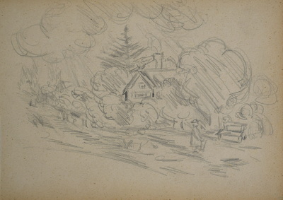 Konrad Sommer, Haus mit Garten, um 1955, Bleistift auf Papier, 17,0 x 23,5 cm,  Sammlung Michael Gorkow 
