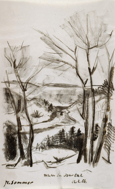 Konrad Sommer: Winter im Isartal, 22.2.1956, Kohle auf Papier, 33,0 x 20,5 cm, bez.u.: K.Sommer Winter im Isartal 22.2.56.