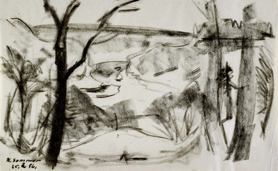 Konrad Sommer: Blick auf die Isar, 25.2.1956, Kohle auf Papier, 20,5 x 33,0 cm, bez.u.r.: K.Sommer 25.2.56.