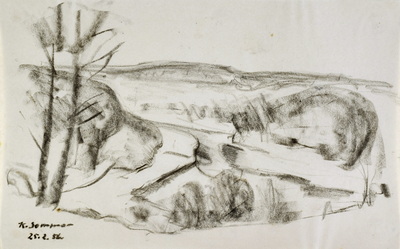 Konrad Sommer, Isar Studie, 25.2.1956,  Kohle auf Papier, 20,2 x 33,0 cm, bez.u.l.: K.Sommer  25.2.56. 