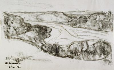 Konrad Sommer:  Isar mit weiten Schotterbänken, 25.2.1956, Kohle auf Papier, 20,2 x 33,0 cm, bez.u.l.: K. Sommer 25.2.56.