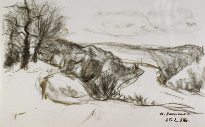 Konrad Sommer: Blick ins Isartal, 25.2.1956,  Kohle auf Papier, 20,2 x 33,0 cm, bez.u.r. K.Sommer 25.2.56.