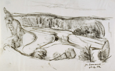 Konrad Sommer: Isarschleife, 25.2.1956, Kohle auf Papier, 20,2 x 33,0 cm, bez.u.r.: K.Sommer  25.2.56.