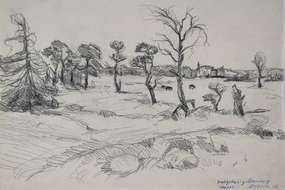 Konrad Sommer: Mühltal Starnberg Moos Ostern 1956, Bleistift, Kugelschreiber auf Papier, 20,2 x 30,0 cm, Mühltal Starnberg Moos Ostern 56