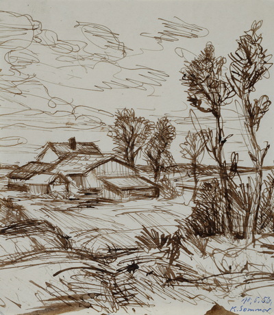 Konrad Sommer, Mooslandschaft, 10.5.1956, Tusche, Rohrfeder, Kugelschreiber auf Papier, 20,4 x 17,8 cm, bez. u.r.: 10.5.56 K.Sommer, Sammlung Michael Gorkow 