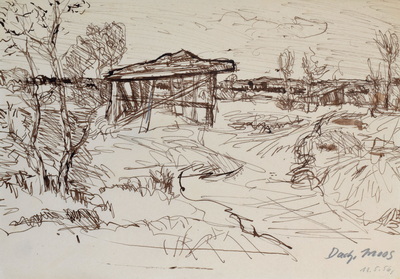 Konrad Sommer:  Dachauer Moos, 12.5.1956, Tusche, Rohrfeder, Bleistift auf Papier, 20,2 x 28,5 cm, bez.u.r.: Dach.Moos 12.5.56.