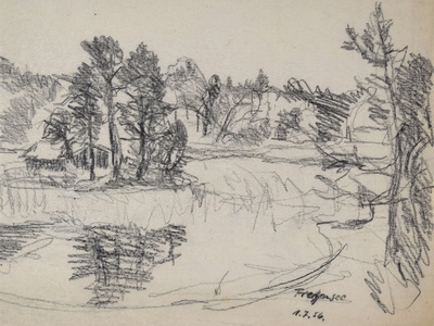 Konrad Sommer: Frechensee, 1.7.1956, Bleistift auf Papier, 18,9 x 24,7 cm, bez.u.r.: Frechensee 1.7.56. 
