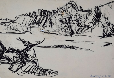 Konrad Sommer: Isar bei Puppling 5.9.1956, Tusche, Rohrfeder, Kugelschreiber auf Papier, 20,2 x 29,0 cm, bez.u.r.: Puppling 5.9.56.