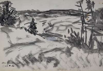 Konrad Sommer, Isar Landschaft, 22.9.1956,  Tusche auf Papier, 20,2 x 28,7 cm, bez.u.l.: Isar Landschaft 22.9.56. 
