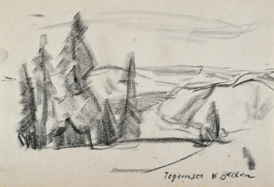 Konrad Sommer: Tegernsee von Baden, um 1956,  Kohle auf Papier, 17,1 x 24,8 cm, bez.u.r.: Tegernsee von Baden