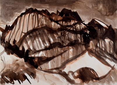 Konrad Sommer: Blick auf ein Gebirge, um 1956, Tusche, Sepia auf Papier, 19,7 x 27,2 cm 