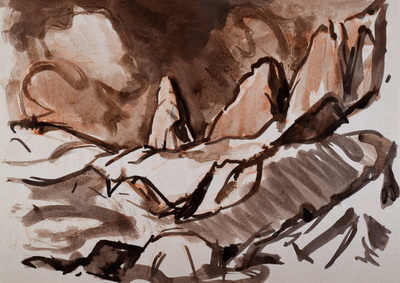 Konrad Sommer: Felsspitzen, um 1956, Tusche, Sepia auf Papier, 20,3 x 28,5 cm