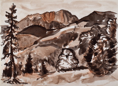 Konrad Sommer, Untersberg, um 1956,  Tusche, Sepia auf Papier, 20,9 x 28,6 cm 