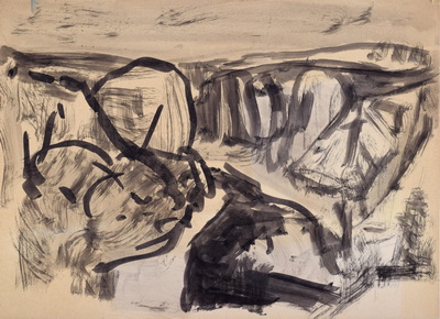 Konrad Sommer: Fluss in einer Schlucht, um 1956, Tusche, Sepia auf Papier, 23,0 x 31,8 cm  