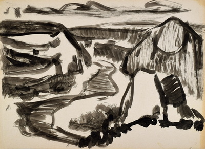 Konrad Sommer: Fluss mit Schlucht, um 1956, Tusche auf Papier, 23,0 x 31,8 cm