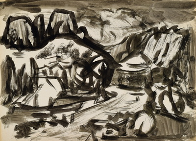 Konrad Sommer, Tuschezeichnung eines Gebirgzuges, um 1956,  Tusche auf Papier, 23,0 x 31,8 cm 
