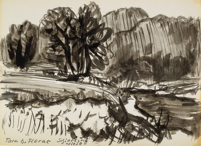Konrad Sommer:  Tarn bei Florar Schierlingwiese, um 1956, Tusche auf Papier, 23,0 x 32,0 cm. bez. u.l.: Tarn bei Florar Schierlingswiese