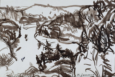 Konrad Sommer: Isar mit Georgenstein, um 1956,  Tusche auf Papier, 23,7 x 31,0 cm, bez.u.r.: K. Sommer