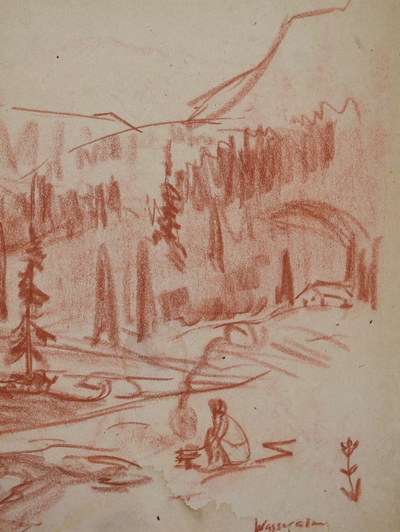Konrad Sommer: Wasseralm, um 1956, Rötel auf Papier, 27,4 x 20,3 cm, bez.u.r.: Wasseralm  