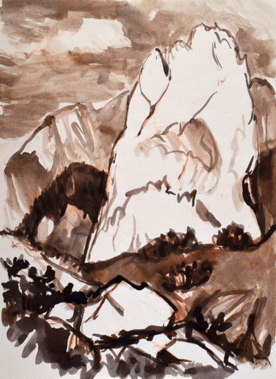 Konrad Sommer: Markate Felsspitze im Gebirge, um 1956, Tusche, Sepia auf Papier, 28,6 x 21,0 cm