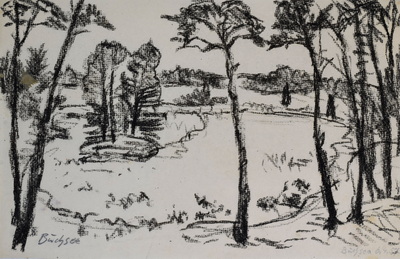 Konrad Sommer: Buchsee, 6.4.1957, Tusche auf Papier, 20,2 x 31,5 cm, bez.u.l.: Buchsee, u.r.: Buchsee 6.4.1957