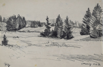 Konrad Sommer:  Bei Maisteig, 21.6.1957, Bleistift auf Papier, 19,0 x 28,7 cm. bez. u.l.: Filz, u.r.: b. Maisteig 21.6.57.