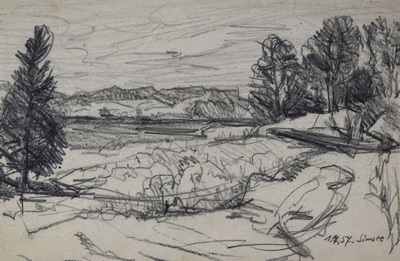 Konrad Sommer: Simsee, 1.7.1957,  Bleistift auf Papier, 19,2 x 29,2 cm, bez.u.r.: 1.7.57. Simsee