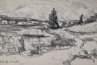 Konrad Sommer: Simsee, 1.7.1957, Bleistift auf Papier, 20,4 x 29,0 cm, bez.u.l.:  1.7.1957. Simsee