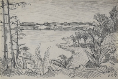 Konrad Sommer, Simsee, 6.7.1957,  Bleistift auf Papier, 20,2 x 31,1 cm, bez.u.r.: Simsee 6.7.57.  