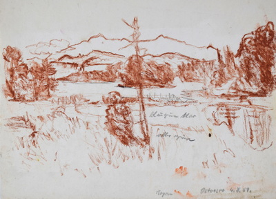 Konrad Sommer:  Ostersee, 4.8.1957, Rötel, Bleistift auf Papier, 19,0 x 26,0 cm. bez. u.r.: Regen Ostersee 4.8.57.