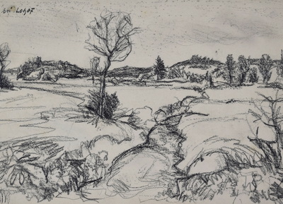 Konrad Sommer:  Mooslandschaft mit Hügeln, um 1957, Kohle auf Papier, 20,2 x 27,8 cm