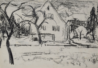 Konrad Sommer, Haus Haldenberger Str. 10 vom Garten aus, um 1957, Kohle auf Papier, 20,2 x 28,2 cm   